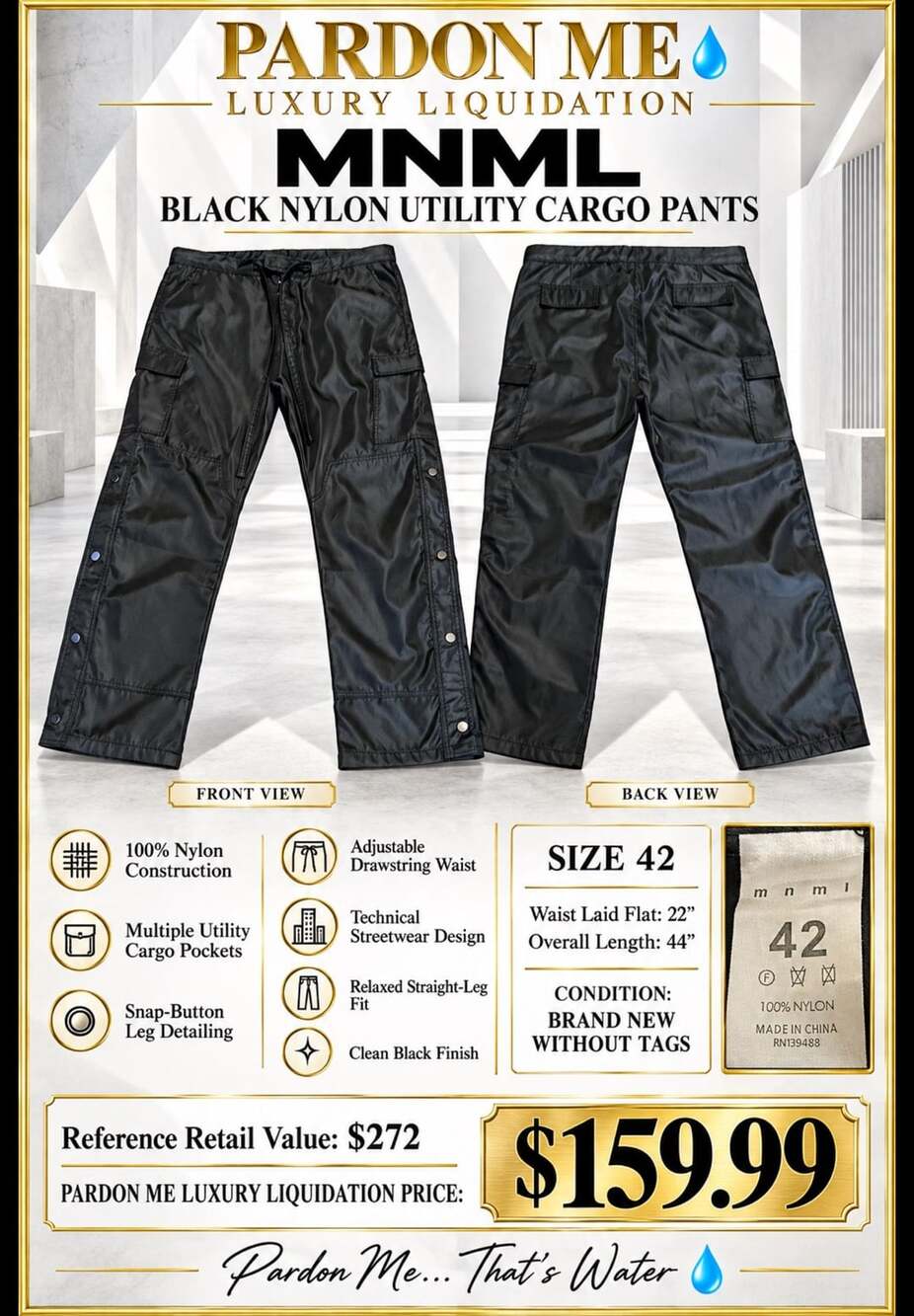 MNML Black Nylon Utility Cargo Pants – Snap Leg Detail